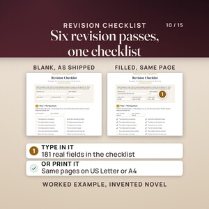 Page 1 of the fillable Revision Checklist, blank as shipped beside the same page filled with an invented worked example: working title, draft number, word count, dates and the first pass checked off. The checklist has 181 fillable fields on US Letter and A4, or it prints.