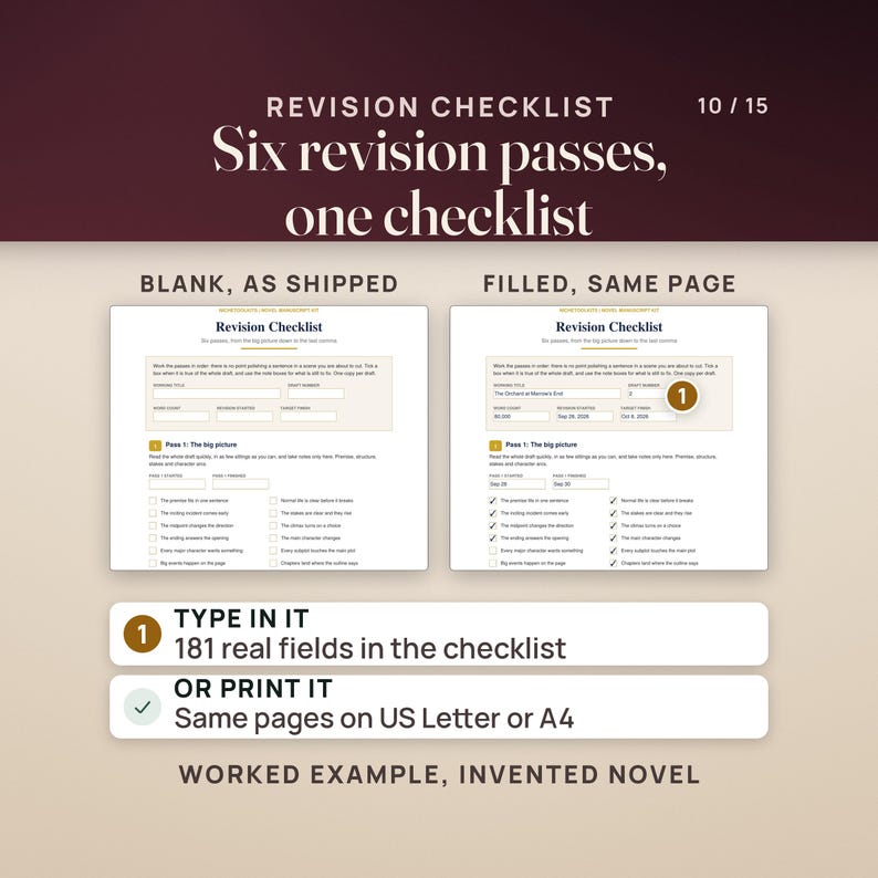 Page 1 of the fillable Revision Checklist, blank as shipped beside the same page filled with an invented worked example: working title, draft number, word count, dates and the first pass checked off. The checklist has 181 fillable fields on US Letter and A4, or it prints.