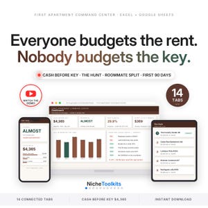 May include: A digital apartment budget planner for Excel and Google Sheets titled First Apartment Command Center. It features a dashboard with 14 tabs, displaying financial data like cash before key, rent burden, and utility costs on mobile and desktop screens.
