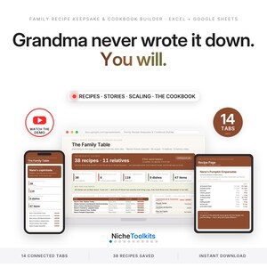 May include: A digital family recipe keepsake and cookbook builder for Excel and Google Sheets. The interface displays 14 tabs, 38 recipes, and 11 relatives. Text includes: Grandma never wrote it down. You will. Recipes, Stories, Scaling, The Cookbook.