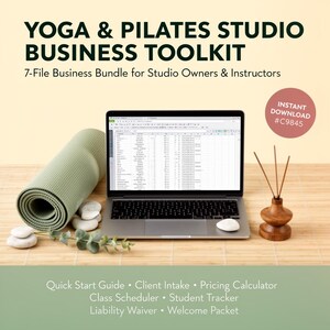 May include: A laptop displaying a spreadsheet sits next to a rolled-up green yoga mat, white stones, and a wooden essential oil diffuser. The image includes text that reads "YOGA & PILATES STUDIO BUSINESS TOOLKIT" and "INSTANT DOWNLOAD #C9845".