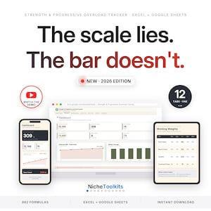 Peut inclure: Un outil num&eacute;rique de suivi de la force et de la surcharge progressive pour Excel et Google Sheets. L'image affiche le texte 'The scale lies. The bar doesn't.' et 'NEW 2026 EDITION'. Elle montre une interface de tableau de bord sur ordinateur, t&eacute;l&eacute;phone et tablette.