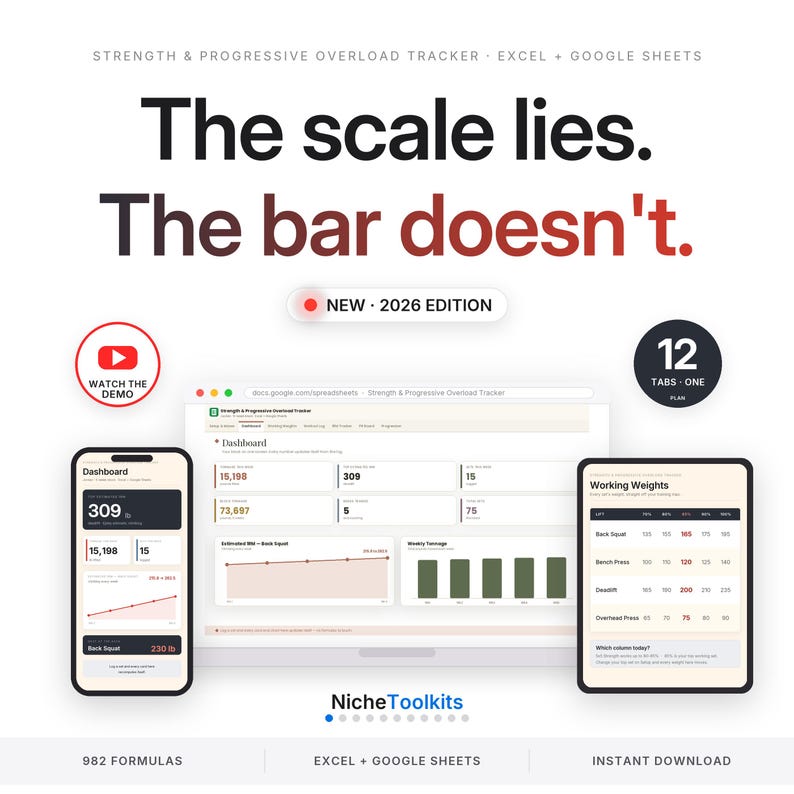 Peut inclure: Un outil num&eacute;rique de suivi de la force et de la surcharge progressive pour Excel et Google Sheets. L'image affiche le texte 'The scale lies. The bar doesn't.' et 'NEW 2026 EDITION'. Elle montre une interface de tableau de bord sur ordinateur, t&eacute;l&eacute;phone et tablette.