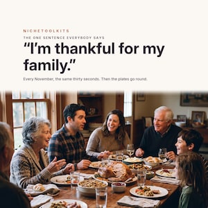 May include: A multi-generational family sits around a wooden dining table filled with food, including a roasted turkey. The image features the text: NICHETOOLKITS, THE ONE SENTENCE EVERYBODY SAYS, "I'm thankful for my family." Every November, the same thirty seconds. Then the plates go round.