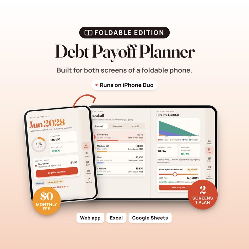 Debt Payoff Planner Web App, Snowball and Avalanche Tracker, Two-Screen Layout, Compatible with iPhone Duo image 1