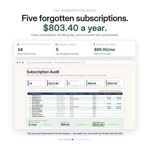 Może przedstawiać: Cyfrowy pulpit nawigacyjny zatytułowany The Subscription Audit wyświetlający dane dotyczące czternastu subskrypcji o łącznej wartości 803,40 USD rocznie. Interfejs zawiera arkusz kalkulacyjny z kolumnami nazw, koszt&oacute;w, częstotliwości użycia i statusu.