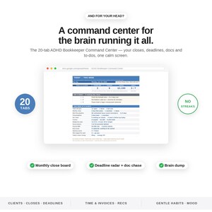 Puede incluir: Una interfaz de hoja de c&aacute;lculo digital titulada ADHD Bookkeeper Command Center con 20 pesta&ntilde;as, resumen semanal de tareas, seguimiento de plazos y gesti&oacute;n de documentos. Texto: And for your head? A command center for the brain running it all.