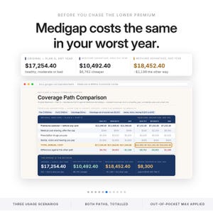 May include: An infographic titled Before You Chase The Lower Premium, Medigap costs the same in your worst year. It displays a Coverage Path Comparison spreadsheet comparing Original Medicare Plan G against Medicare Advantage costs across healthy, moderate, and bad years.