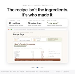 May include: A digital interface for a family recipe keepsake and cookbook builder. The screen displays text stating, The recipe isn't the ingredients. It's who made it, alongside data fields for Nana's Pumpkin Empanadas, including ingredients, steps, and a secret note about piloncillo syrup.
