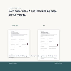 The same planner page shown at US Letter and A4 size side by side, with a note to print at Actual Size. Every page carries a one inch binding edge and there are no full page color backgrounds to drain ink.