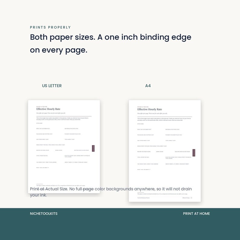 The same planner page shown at US Letter and A4 size side by side, with a note to print at Actual Size. Every page carries a one inch binding edge and there are no full page color backgrounds to drain ink.