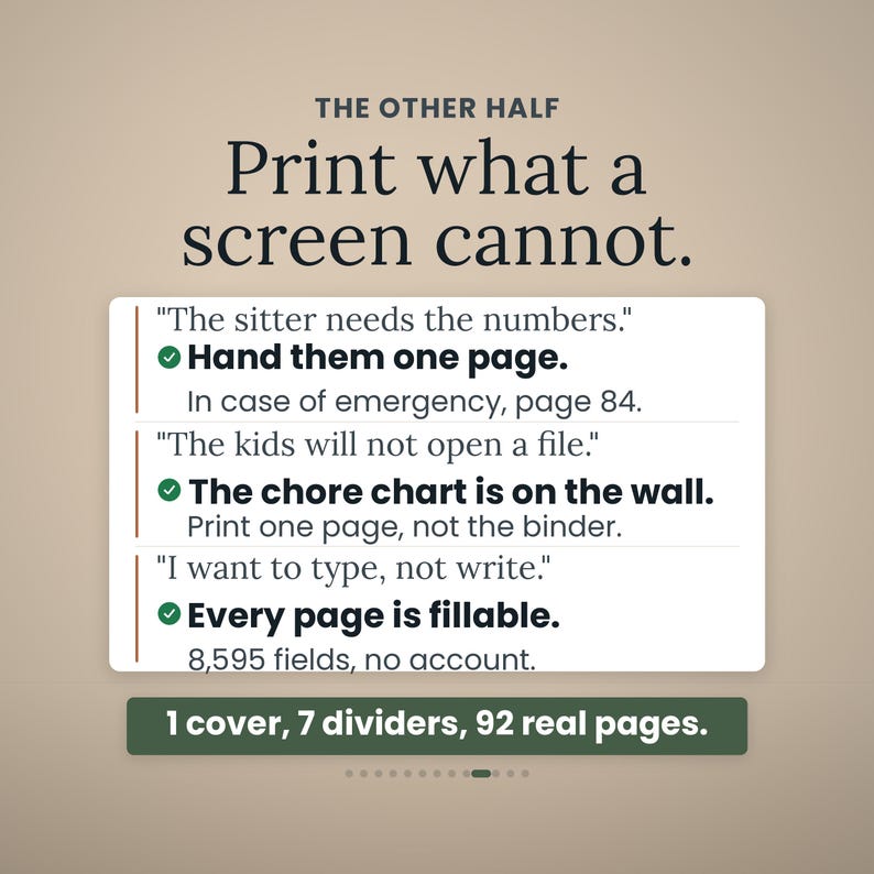 Puede incluir: Un gr&aacute;fico digital con el texto THE OTHER HALF Print what a screen cannot. Enumera tres escenarios: The sitter needs the numbers, The kids will not open a file, e I want to type, not write. Incluye 1 cover, 7 dividers, 92 real pages.
