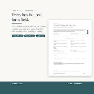 A filled in example page showing typed entries in the shaded boxes, demonstrating that every box is a real form field. 3,073 fillable fields across the file, usable in Acrobat Reader, Apple Preview or any browser.