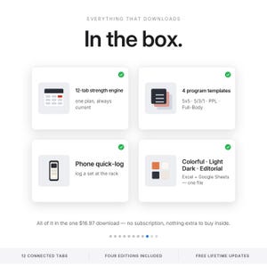 Peut inclure: Un aper&ccedil;u de produit num&eacute;rique intitul&eacute; In the box, pr&eacute;sentant quatre cartes blanches avec des ic&ocirc;nes et du texte : 12-tab strength engine, 4 program templates, Phone quick-log, et des options Colorful Light Dark Editorial pour Excel et Google Sheets.