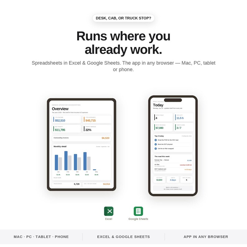 May include: A digital interface display featuring the text 'DESK, CAB, OR TRUCK STOP? Runs where you already work. Spreadsheets in Excel & Google Sheets. The app in any browser &mdash; Mac, PC, tablet or phone.' showing a tablet and smartphone dashboard.