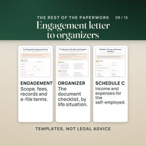 Three more forms, page 1 of each: the Tax Preparation Engagement Letter with scope, fees, records and e-file terms; the Tax Document Checklist and Organizer, sorted by life situation; and the Schedule C Income and Expense Organizer for self-employed clients. Caption: templates, not legal advice.
