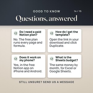 Questions answered: a paid Notion plan is not needed, the free plan runs every page and formula; you get the template from the link in your download by clicking Duplicate; it works in the free Notion app on your phone; the Sheets budget is the same money by month for Excel or Google Sheets.