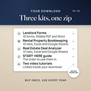 Your download, three kits in one zip: Landlord Forms with 10 forms in fillable PDF and Word, Rental Property Bookkeeping with 10 tabs and the Real Estate Deal Analyzer with 13 tabs for Excel and Google Sheets, a START-HERE guide with the order to use them in, and two video tutorials linked inside your download. Instant download.