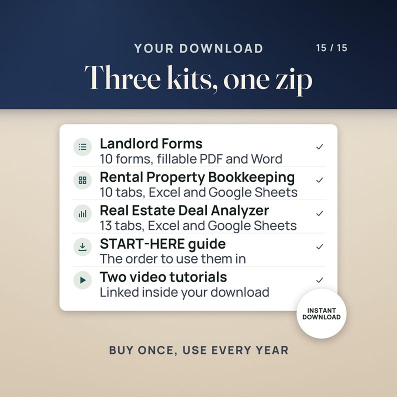 Your download, three kits in one zip: Landlord Forms with 10 forms in fillable PDF and Word, Rental Property Bookkeeping with 10 tabs and the Real Estate Deal Analyzer with 13 tabs for Excel and Google Sheets, a START-HERE guide with the order to use them in, and two video tutorials linked inside your download. Instant download.