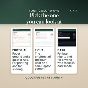 May include: A digital dashboard display showing four colorway options: Editorial, Light, Dark, and Colorful. The text reads: FOUR COLORWAYS, Pick the one you can look at, 12 / 16, DASHBOARD, EDITORIAL, LIGHT, DARK, and COLORFUL IS THE FOURTH.
