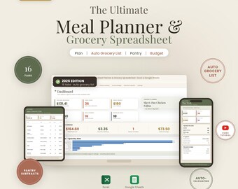 Meal Planner Spreadsheet with Automatic Grocery List Excel & Google Sheets Weekly Meal Plan Recipe Organizer Food Budget