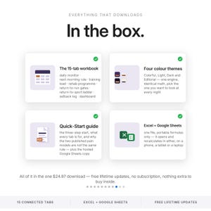 May include: A digital product overview titled In the box featuring four sections: a 15-tab workbook, four color themes, a quick-start guide, and compatibility with Excel and Google Sheets. The layout includes icons, descriptive text, and checkmarks.