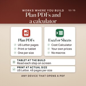 Two cards: plan PDFs on US Letter pages, to print or read on a tablet, one per size; and the Cost Calculator for Excel or Google Sheets with your own prices and no macros. Rows suggest reading each step on a tablet at the build or printing at actual size, 49 pages per size.