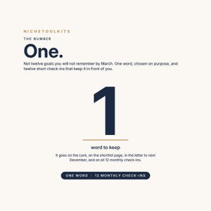 Peut inclure: Un graphique num&eacute;rique intitul&eacute; NICHETOOLKITS THE NUMBER One. Il pr&eacute;sente le texte : Not twelve goals you will not remember by March. One word, chosen on purpose, and twelve short check-ins. Un grand chiffre 1 surmonte le texte word to keep.