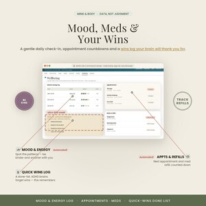 May include: A digital dashboard titled Mood, Meds & Your Wins featuring a wellbeing log, appointment countdowns, and a quick wins log. The interface includes sections for mood and energy tracking, medication refills, and a list of daily accomplishments.