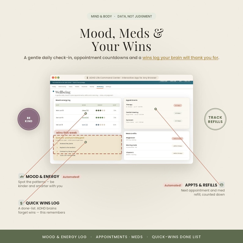 May include: A digital dashboard titled Mood, Meds & Your Wins featuring a wellbeing log, appointment countdowns, and a quick wins log. The interface includes sections for mood and energy tracking, medication refills, and a list of daily accomplishments.