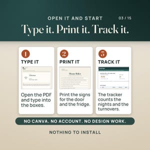 Puede incluir: Un gr&aacute;fico instructivo titulado Open It and Start, Type it. Print it. Track it. Presenta tres pasos numerados: 1. Type it, 2. Print it y 3. Track it, con descripciones de texto correspondientes y peque&ntilde;as vistas previas de documentos digitales.