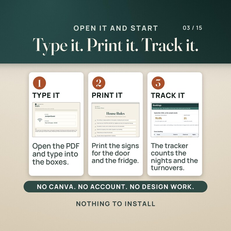 Puede incluir: Un gr&aacute;fico instructivo titulado Open It and Start, Type it. Print it. Track it. Presenta tres pasos numerados: 1. Type it, 2. Print it y 3. Track it, con descripciones de texto correspondientes y peque&ntilde;as vistas previas de documentos digitales.