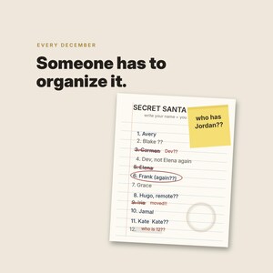 May include: A white sheet of paper with the heading SECRET SANTA and a numbered list of names from 1 to 12. Some names are crossed out in red, and a yellow sticky note with the text who has Jordan?? is attached to the top right corner.