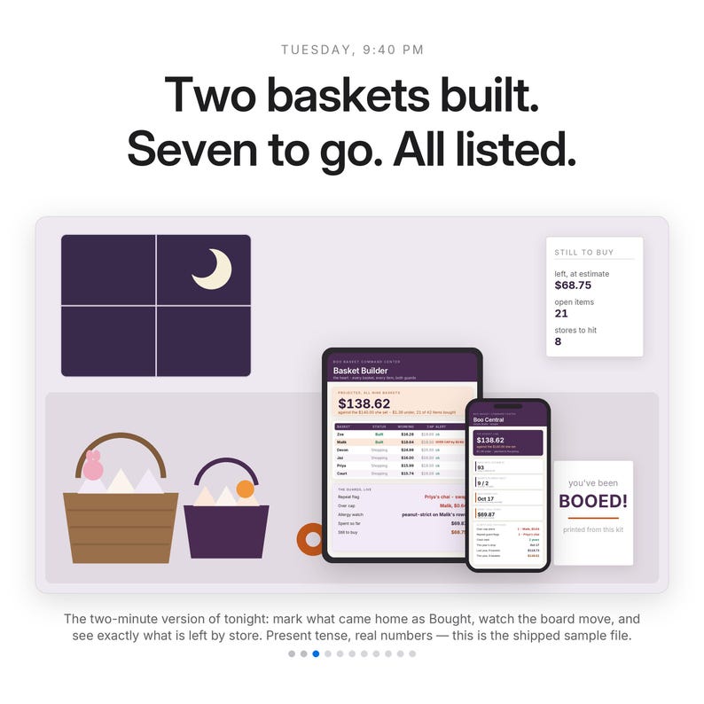 May include: A digital interface display showing the text Two baskets built. Seven to go. All listed. It features a tablet and smartphone screen with a Basket Builder app, a moon icon, two basket illustrations, and a card reading you've been BOOED!
