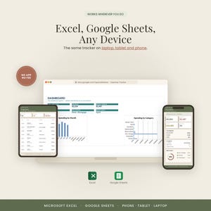 May include: A digital expense tracker displayed on a laptop, tablet, and smartphone. The screen shows a dashboard with charts and financial data. Text reads: Excel, Google Sheets, Any Device, The same tracker on laptop, tablet and phone, NO APP NO FEE.