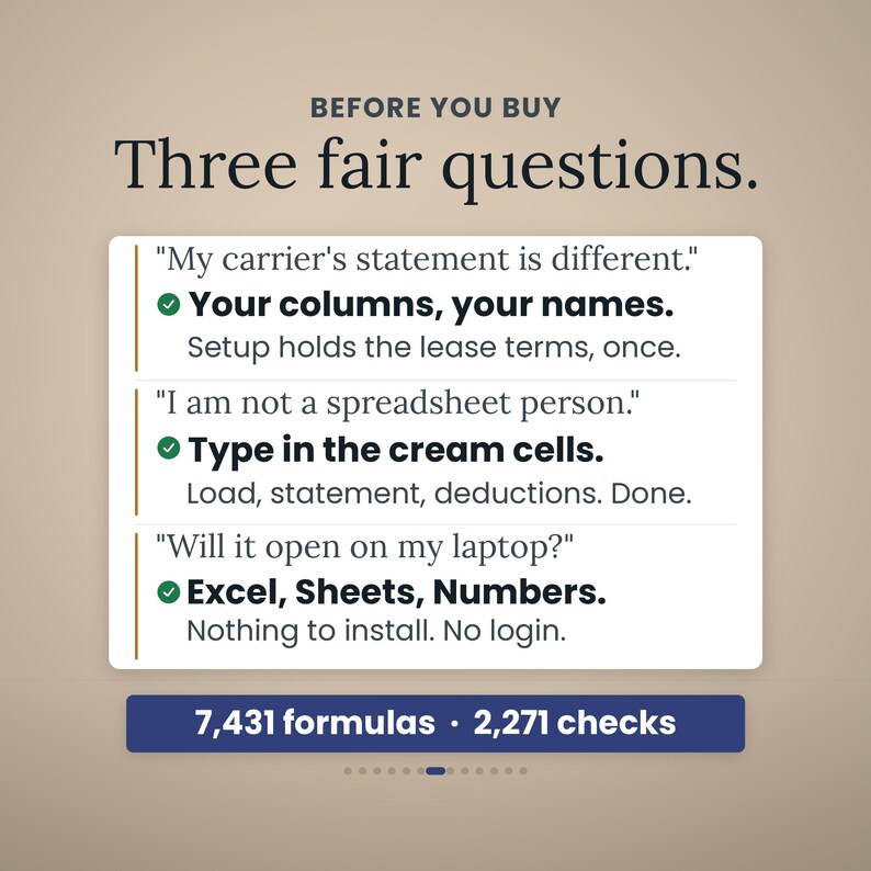 May include: An informational graphic titled BEFORE YOU BUY Three fair questions. It lists three common concerns about spreadsheet software, providing solutions for custom columns, data entry in cream cells, and compatibility with Excel, Sheets, and Numbers.
