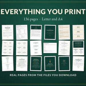 K&ouml;nnte beinhalten: Eine digitale Sammlung von 136 druckbaren Seiten in den Formaten Letter und A4, bestehend aus wei&szlig;en Dokumenten mit dunkelgr&uuml;nen Akzenten und Text. Das Set enth&auml;lt verschiedene Formulare, Listen und Infobl&auml;tter mit dem Titel EVERYTHING YOU PRINT.