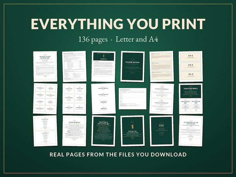 K&ouml;nnte beinhalten: Eine digitale Sammlung von 136 druckbaren Seiten in den Formaten Letter und A4, bestehend aus wei&szlig;en Dokumenten mit dunkelgr&uuml;nen Akzenten und Text. Das Set enth&auml;lt verschiedene Formulare, Listen und Infobl&auml;tter mit dem Titel EVERYTHING YOU PRINT.