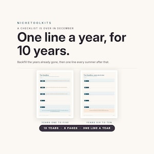 Op de afbeelding: Een digitale planner-sjabloon genaamd NicheToolKits met een 10-jarig journalsysteem. De tekst luidt One line a year, for 10 years. Het bevat twee pagina's met invoervelden voor de jaren &eacute;&eacute;n tot en met vijf en zes tot en met tien.
