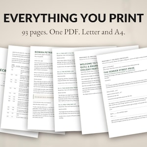 Op de afbeelding: Een verzameling printbare documenten getiteld EVERYTHING YOU PRINT, met 93 pagina's in &eacute;&eacute;n PDF-bestand opgemaakt voor Letter- en A4-papier. De pagina's bevatten zwarte tekst op een witte achtergrond, inclusief spelinstructies en certificaten.