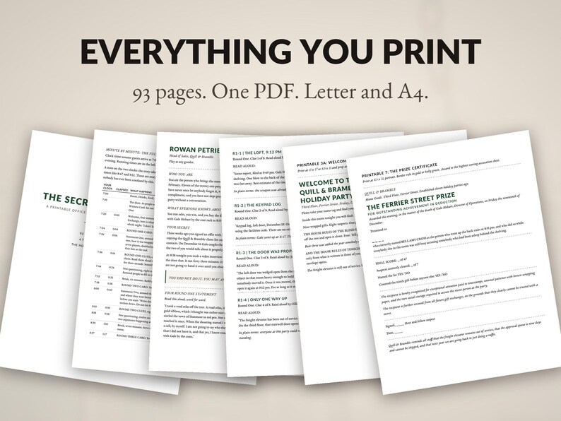 Op de afbeelding: Een verzameling printbare documenten getiteld EVERYTHING YOU PRINT, met 93 pagina's in &eacute;&eacute;n PDF-bestand opgemaakt voor Letter- en A4-papier. De pagina's bevatten zwarte tekst op een witte achtergrond, inclusief spelinstructies en certificaten.