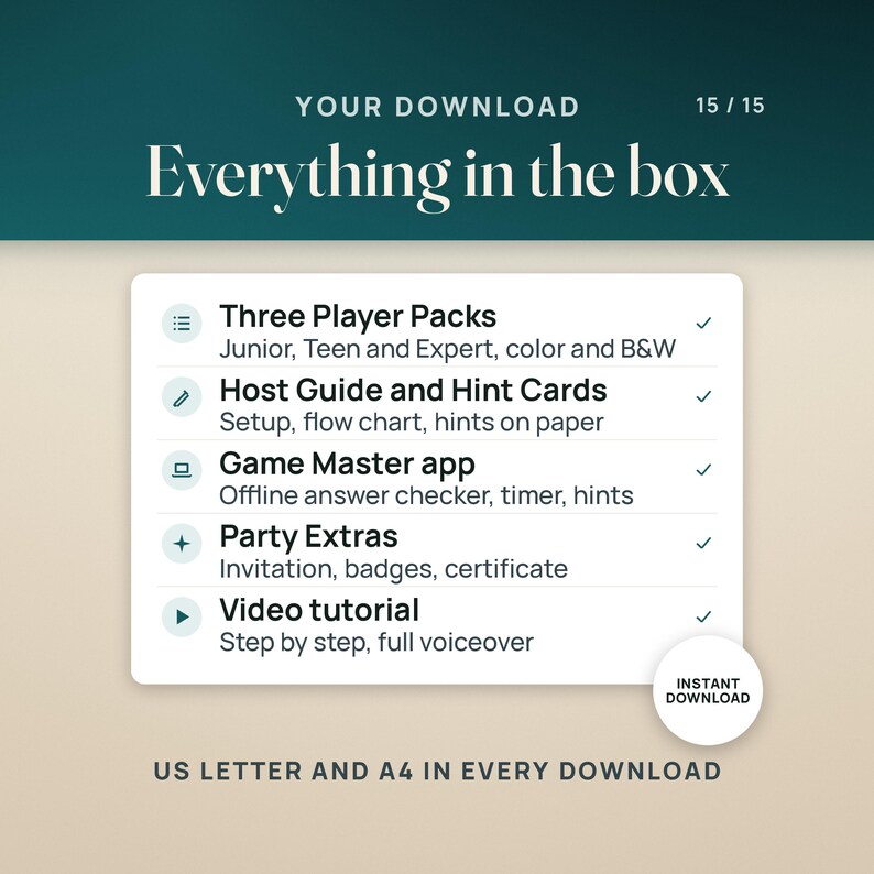 What you get: three Player Packs, Junior, Teen and Expert, in color and black and white; the Host Guide and Hint Cards; the offline Game Master app with answer checking, a timer and hints; Party Extras with an invitation, badges and a certificate; and a step by step video tutorial. An instant download in US Letter and A4.