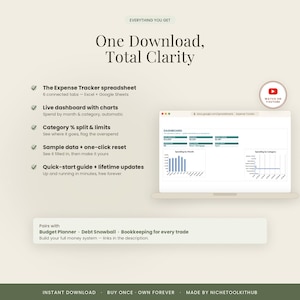 May include: A digital expense tracker spreadsheet for Excel and Google Sheets featuring a dashboard with charts, category splits, sample data, and a quick-start guide. The text reads One Download, Total Clarity, and includes a YouTube watch button.