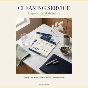 Può includere: Un documento commerciale intitolato "CLEANING SERVICE Capability Statement" con un design blu e bianco, esposto su una superficie di marmo. Sono presenti anche un bicchiere d'acqua, una penna e una piccola pianta in vaso.