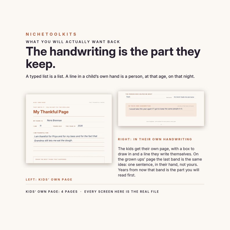 May include: A set of printable journal pages titled My Thankful Page with fields for name, age, year, and lines for writing. The text includes NICHETOOLKITS, The handwriting is the part they keep, and descriptions for kids' and adults' pages.