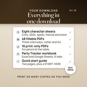 Everything in one download: eight character sheets, 48 fillable PDFs in three colorways on Letter and A4, 16 print-only PDFs, the Party Tracker workbook for Excel and Google Sheets with 6 tabs, and a two-page quick start guide plus a START-HERE file.