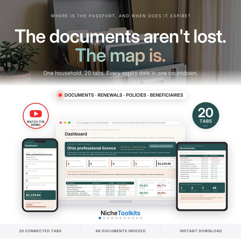 Important Documents Organizer Spreadsheet | Life Admin Binder and Family Emergency Planner for Excel and Google Sheets | Renewal Tracker bild 1