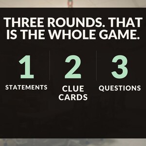 Op de afbeelding: Een zwarte rechthoekige spelkaart met de witte tekst THREE ROUNDS. THAT IS THE WHOLE GAME. Daaronder staan de cijfers 1, 2 en 3 in lichtgroen, elk gecombineerd met de witte tekst STATEMENTS, CLUE CARDS en QUESTIONS.