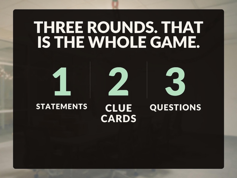 Op de afbeelding: Een zwarte rechthoekige spelkaart met de witte tekst THREE ROUNDS. THAT IS THE WHOLE GAME. Daaronder staan de cijfers 1, 2 en 3 in lichtgroen, elk gecombineerd met de witte tekst STATEMENTS, CLUE CARDS en QUESTIONS.