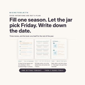 Op de afbeelding: Een planningstoolkit getiteld NICHETOOLKITS met de tekst: Fill one season. Let the jar pick Friday. Write down the date. Het bevat drie instructiepagina's met stappen voor seizoensplanning, idee&euml;nkaarten en het noteren van data met foto's.